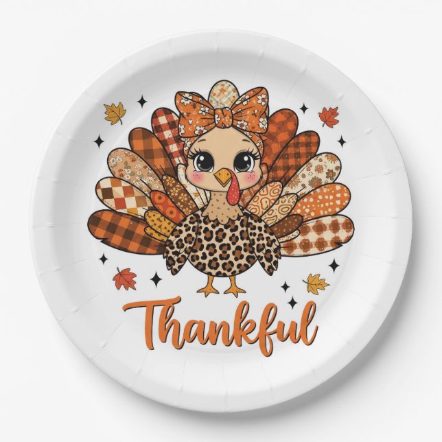 Plato De Papel Thankful Turkey with Autumn Patchwork Feathers (Anverso)