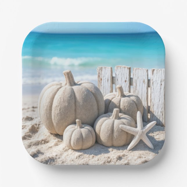 Plato De Papel Thanksgiving Beach Sand Pumpkins and Starfish (Anverso)
