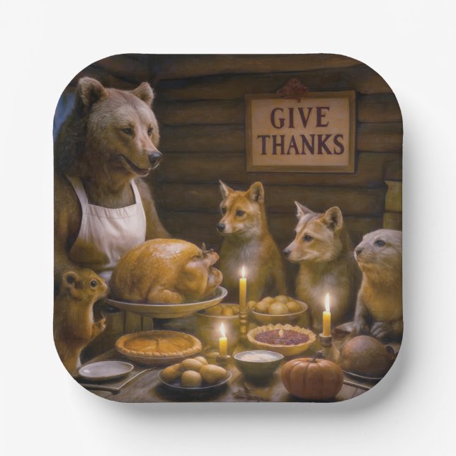 Plato De Papel Thanksgiving Day Bear Turkey Dinner (Anverso)