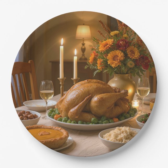 Plato De Papel Thanksgiving Turkey Feast With Candles (Anverso)