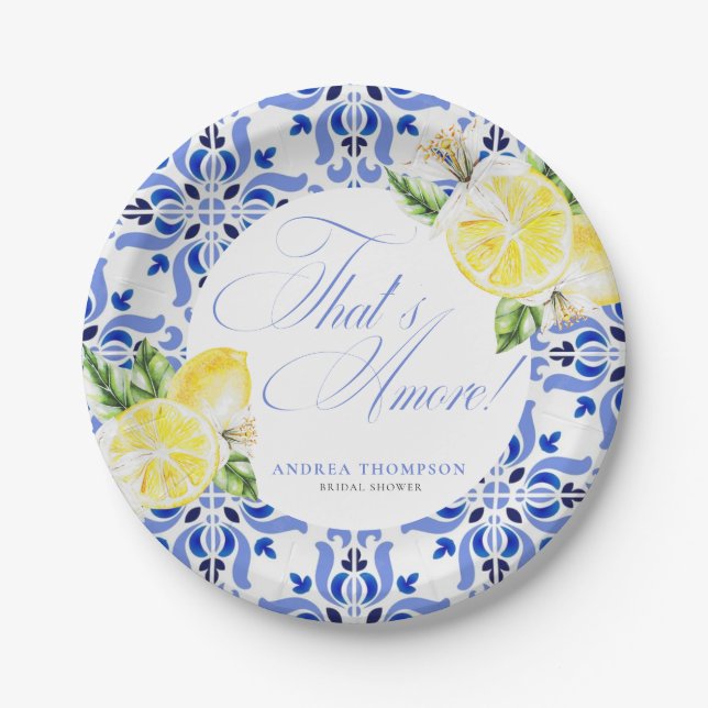 Plato De Papel That's Amore Lemon Italian Blue Tile Bridal Shower (Anverso)