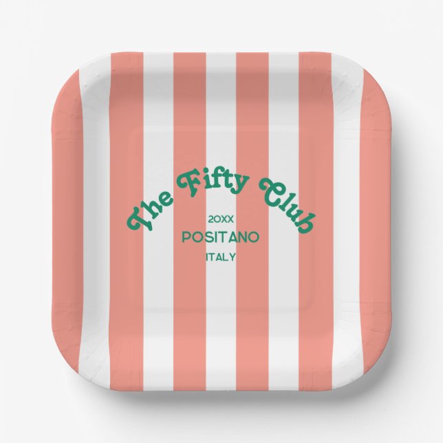Plato De Papel The Fifty Club Pink Cabana Stripe 50th Birthday  (Anverso)