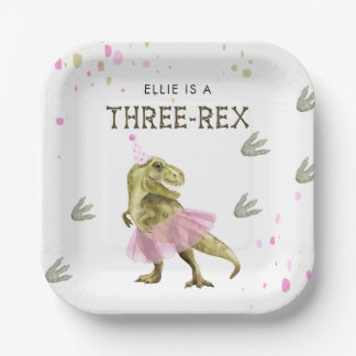 Plato De Papel Three Rex & Pink Tutu Birthday Party Paper Plate