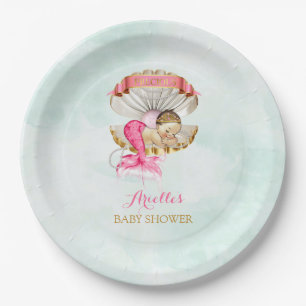 Plato De Papel Tiara Concha de Almeja Sirena Bebe Perlas Rosa Dor