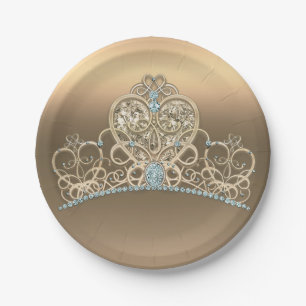 Plato De Papel Tiara de corazón de princesa Glam Gold para fiesta