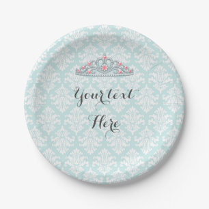 Plato De Papel Tiara de Princesa Aqua Damask Personalizable