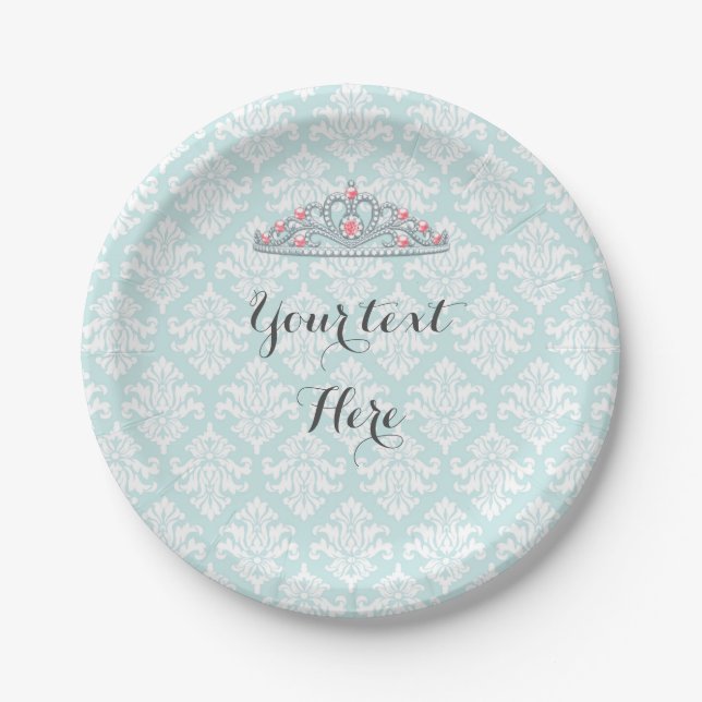 Plato De Papel Tiara de Princesa Aqua Damask Personalizable (Anverso)