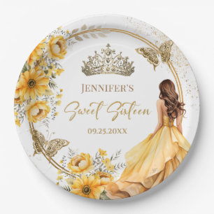 Plato De Papel Tiara de Princesa Niña de Oro Amarillo Floral Swee