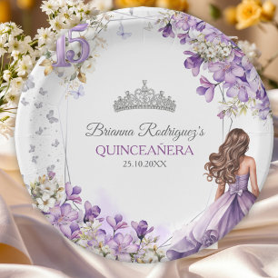 Plato De Papel Tiara floral de mariposa de plata lavanda Quinceañ