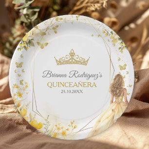 Plato De Papel Tiara Floral de Mariposas Amarillo Dorado Quinceañ