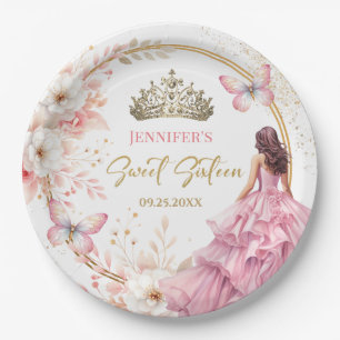 Plato De Papel Tiara Floral Princesa Dorada Rosa Rubor Sweet 16