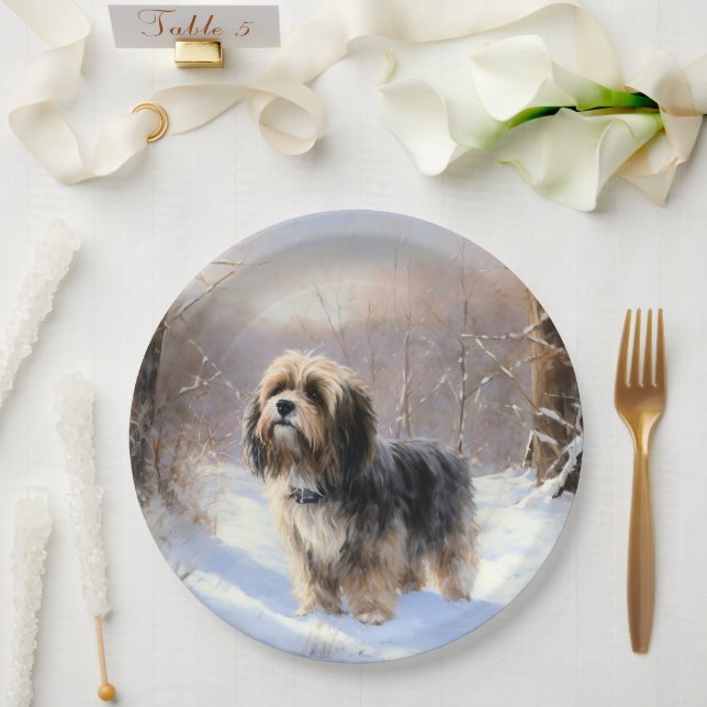 Plato De Papel Tibetan Terrier Deja que nieve Navidad  (Boda)