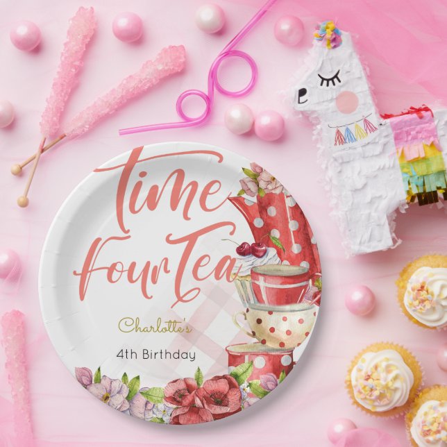 Plato De Papel Tiempo cuatro té, cuarto cumpleaños para los niños (Fiesta)