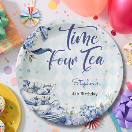 Plato De Papel Tiempo cuatro té, cuarto cumpleaños para los niños