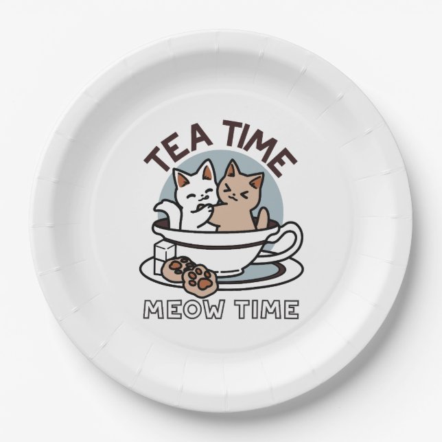 Plato De Papel Tiempo de embutido de té - Diseño de gato y té lin (Anverso)