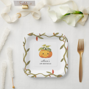Plato De Papel Tierra de calabaza sonriente lindo primer cumpleañ