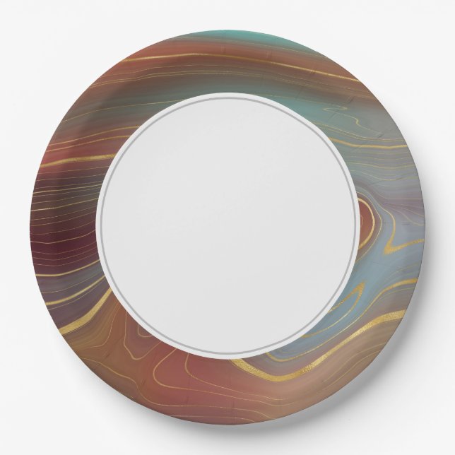 Plato De Papel Tierra Estratos Naranja Turquesa (Anverso)