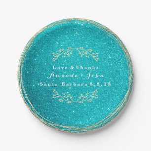 Plato De Papel Tiffany Aqua Ocean Gold Purpurina Boda