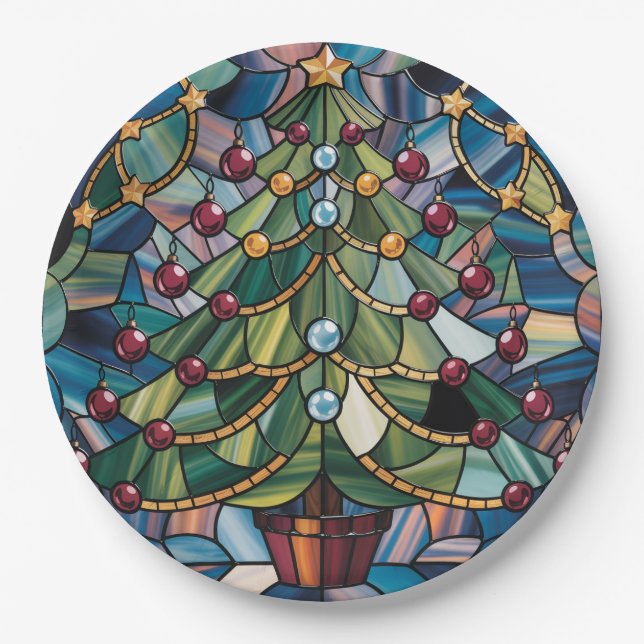 Plato De Papel Tiffany-Style Stained Glass Christmas Tree (Anverso)