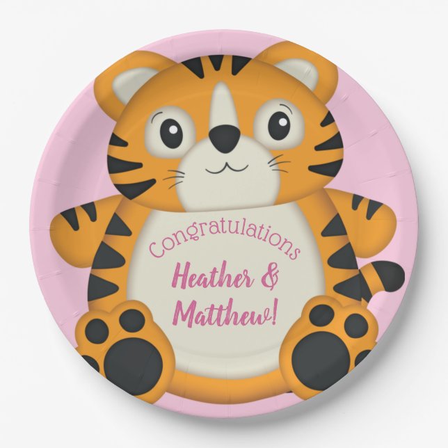 Plato De Papel Tiger Baby Shower Pink (Anverso)