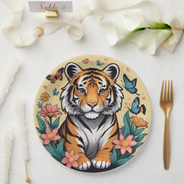 Plato De Papel Tigre bebé con flores y mariposas