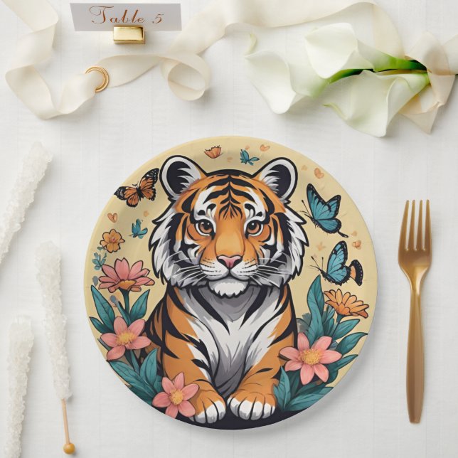 Plato De Papel Tigre bebé con flores y mariposas (Boda)