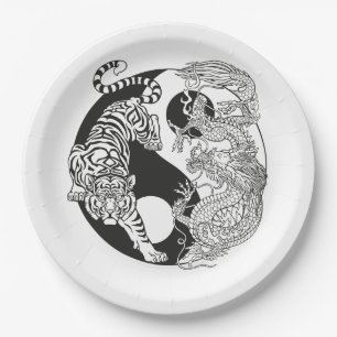 Plato De Papel Tigre blanco contra dragón verde en Yin yang