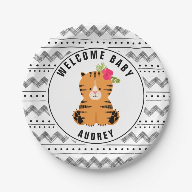 Plato De Papel Tigre floral Baby Shower blanco y negro de Boho (Anverso)