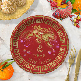 Plato De Papel Tigre zodiaco chino rojo/dorado ID542