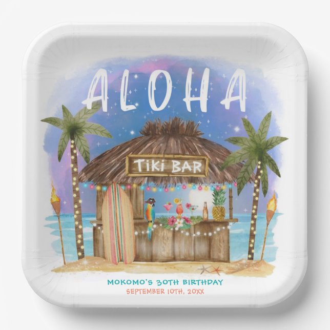 Plato De Papel Tiki Beach Bar Moon Stars Tropical Cumpleaños (Anverso)