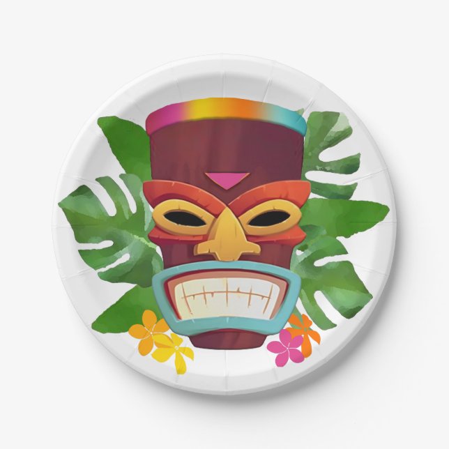 Plato De Papel Tiki y flores coloridas (Anverso)