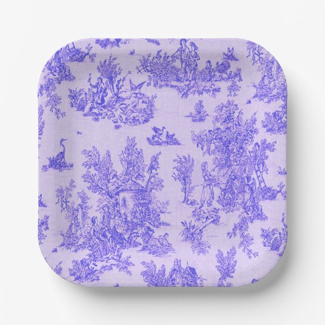 Plato De Papel Tile de jouy azul y blanco elegante (Anverso)