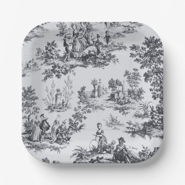 Plato De Papel Tile de jouy negro y blanco elegante (Anverso)