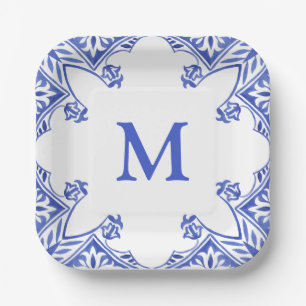 Plato De Papel Tile floral azul y blanco Monograma Napkins