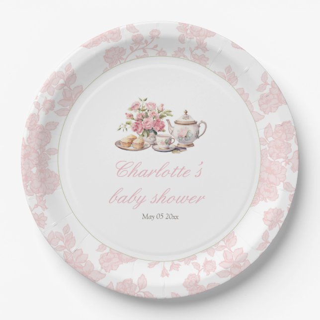 Plato De Papel Time for Tea Elegant Pink Floral Toile (Anverso)
