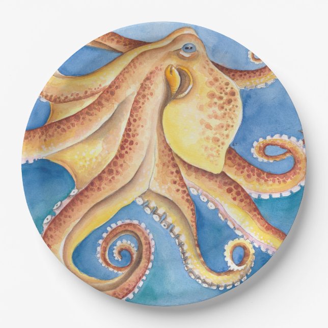 Plato De Papel Tinta acuarela de Octopus Rojo naranja (Anverso)