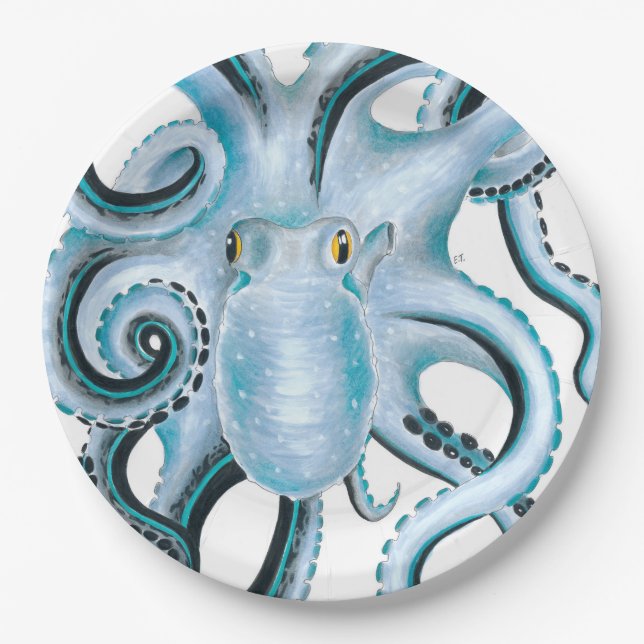 Plato De Papel Tinta y marcador de pulpo azul (Anverso)
