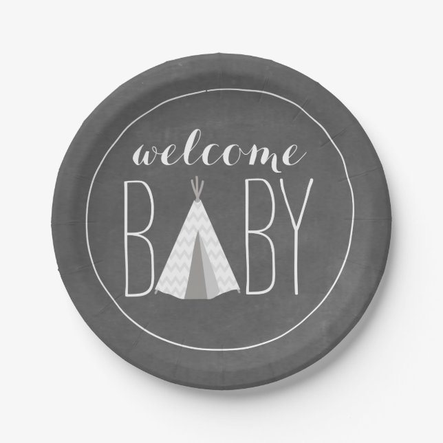Plato De Papel Tipi blanco Baby Shower - tiza inspirada (Anverso)