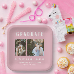 Plato De Papel Tipo de graduación fiesta multifoto rosa y blanco