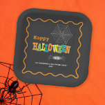Plato De Papel Tipografía colorida de la Araña de la Fiesta de Ha<br><div class="desc">Estas placas de papel de Halloween Party ofrecen un diseño divertido con tipografía de colores vivos sobre negro. El diseño se acentúa con una araña y una tela adorables.</div>