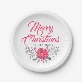 Plato De Papel Tipografía de Feliz Navidad y ramo floral