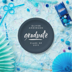 Plato De Papel Tipografía de guión moderno azul marino graduación