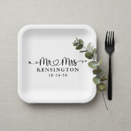 Plato De Papel Tipografía de guiones Personalizada Sr. Sra. Boda
