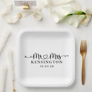 Plato De Papel Tipografía de guiones Personalizada Sr. Sra. Boda