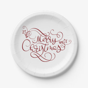Plato De Papel Típografía del guión rojo de navidad festiva