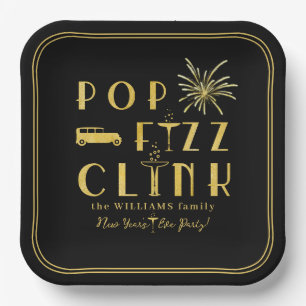 Plato De Papel Tipografía dorada Pop Fizz Clink Año Nuevo Moderno