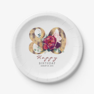 Plato De Papel Tipografía floral roja borgoña Cumpleaños 80