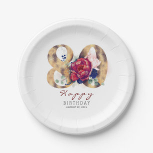 Plato De Papel Tipografía floral roja borgoña Cumpleaños 80