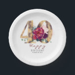 Plato De Papel Tipografía floral roja borgoñona 40 cumpleaños<br><div class="desc">Flores rojas de Borgoña números de purpurina de oro placas de papel de cumpleaños</div>