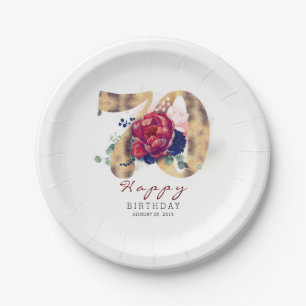 Plato De Papel Tipografía floral roja borgoñona 70 cumpleaños